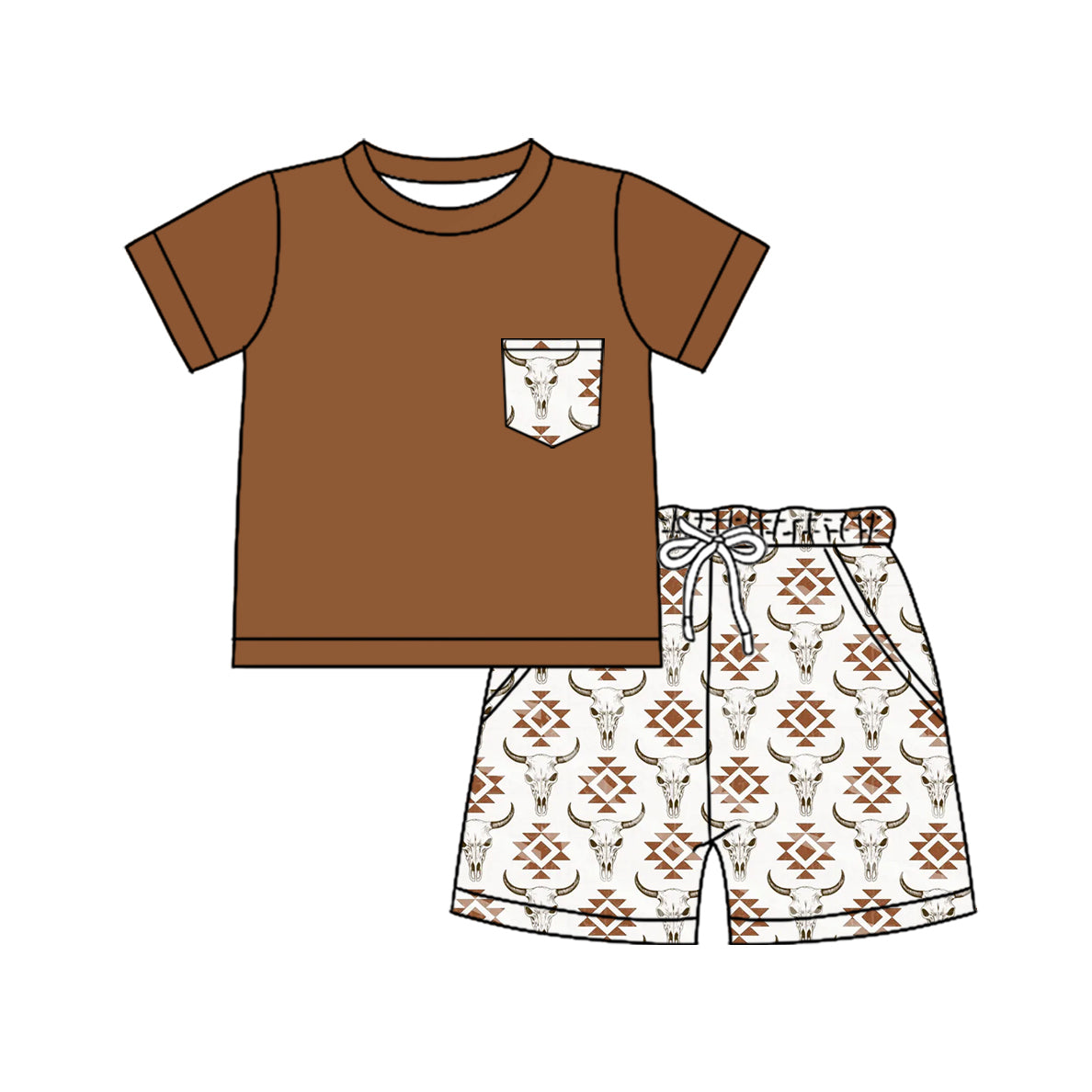 Western Boys Brown Pocket Top Aztec Bull Skull Shorts Set Casual Country Style Kids' Outfit