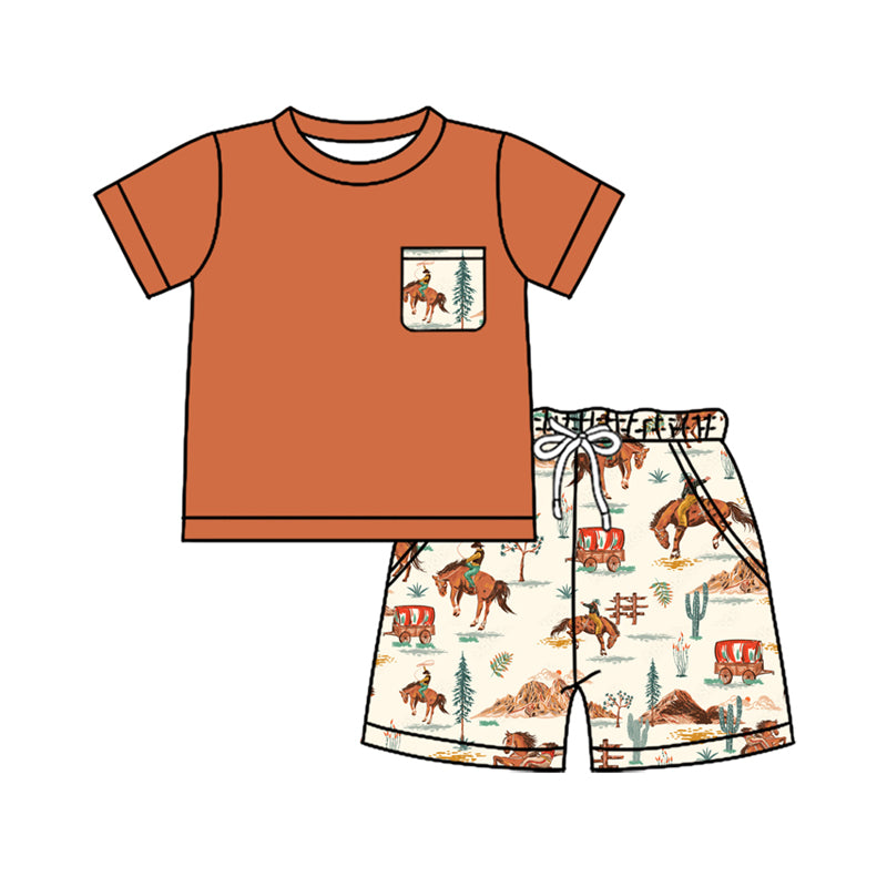 Western Boys Rodeo Cactus Print Shorts with Pocket Top Set Casual Country Style Children's Clothing for Boys