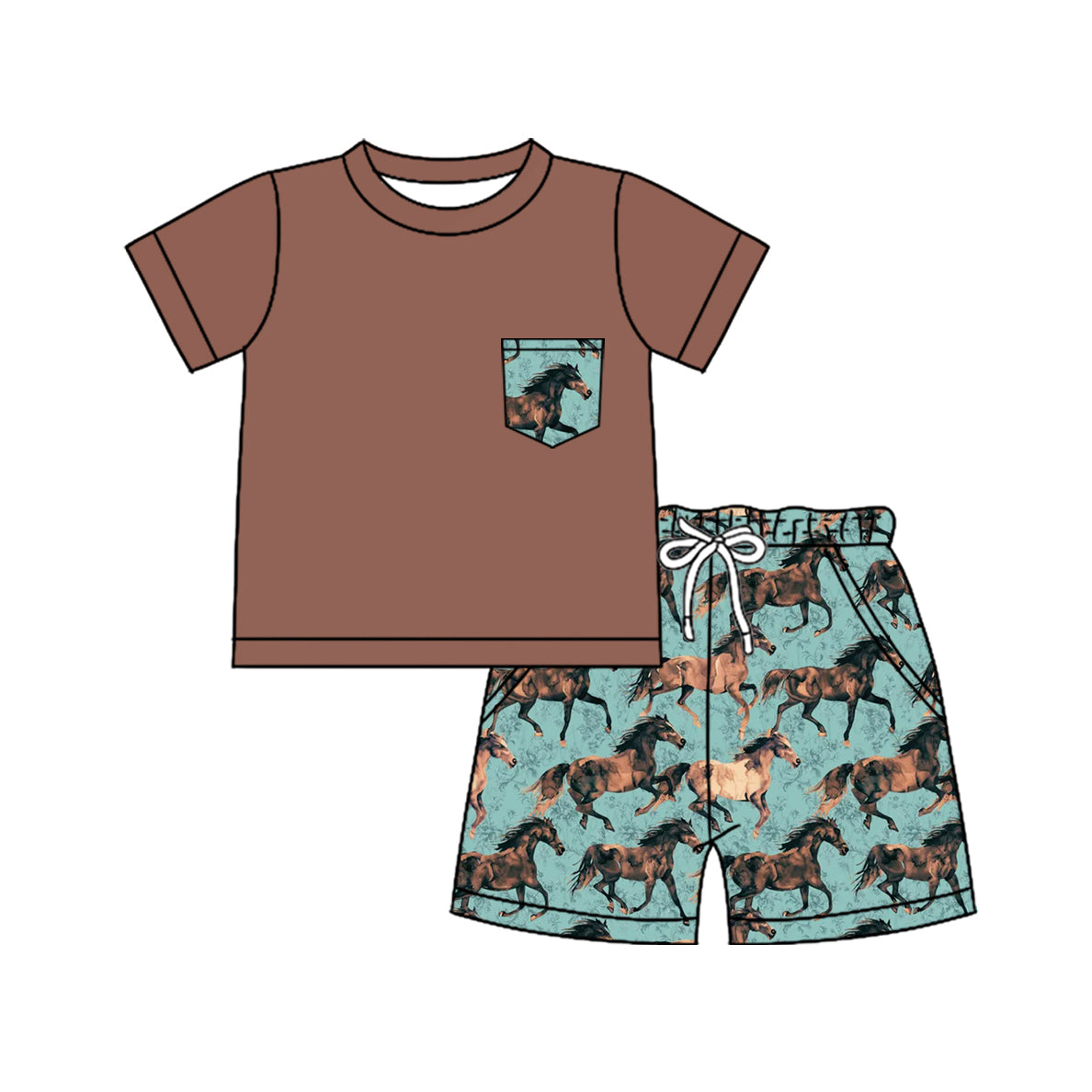 Kids Boys Short Sleeve Pocket Top with Horse Print Shorts - Casual Comfortable Clothing Set