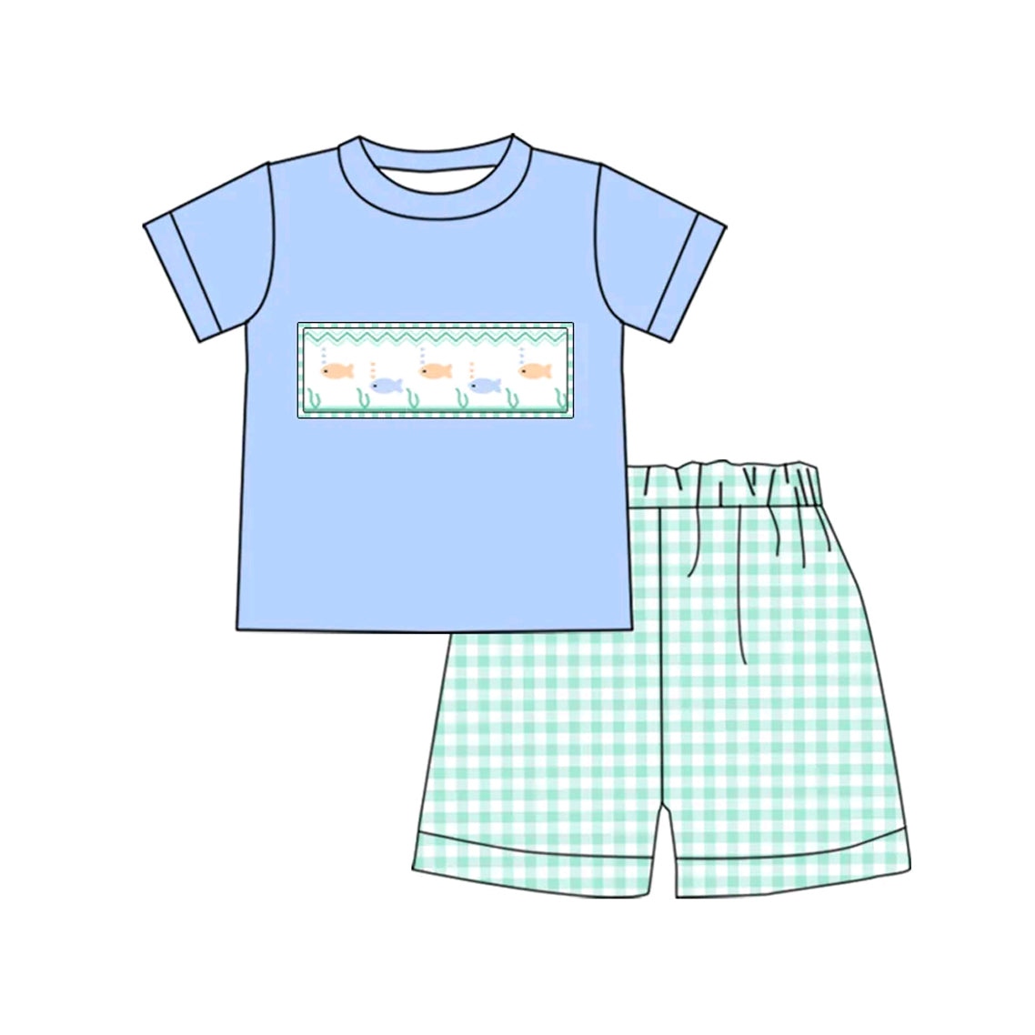 Kids Boys Light Blue Plaid Fishing Top And Shorts Set Summer Clothing Plaid Shorts for Boys Light Blue Fishing Graphic Tee