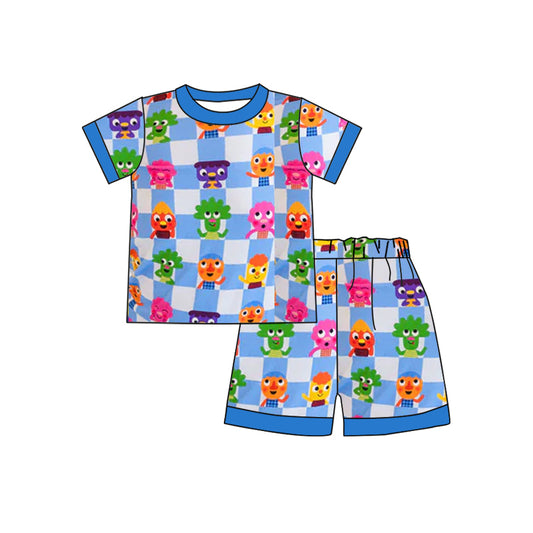 BSSO1325Baby Girls Blue Checkered Cartoon Top Shorts Pajamas Clothes Sets