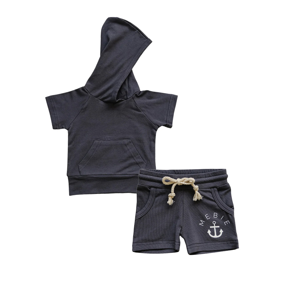 BSSO1326Kids Boys Short Sleeve Dark Hoodie Anchor Print Comfortable Fit Clothing Set Shorts Outfit