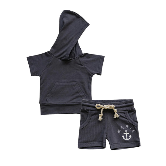 BSSO1326Kids Boys Short Sleeve Dark Hoodie Anchor Print Comfortable Fit Clothing Set Shorts Outfit