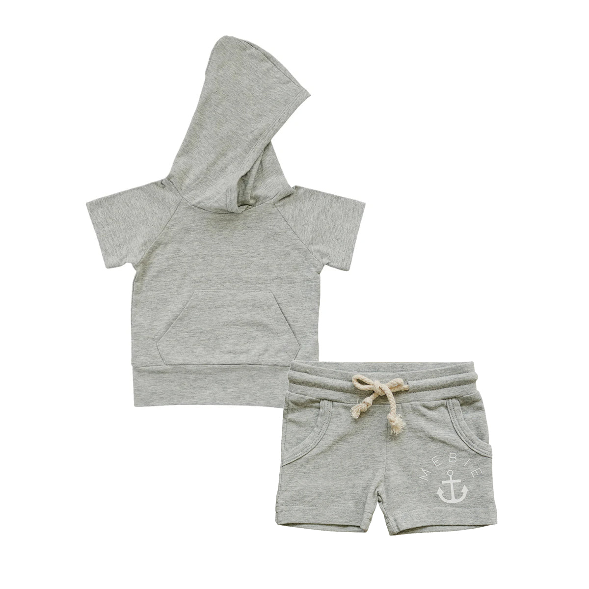 BSSO1327Kids Boys Grey Short Sleeve Hoodie Anchor Print Comfortable Casual Clothing Set Shorts Outfit