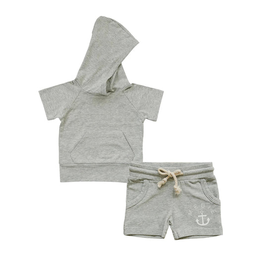 BSSO1327Kids Boys Grey Short Sleeve Hoodie Anchor Print Comfortable Casual Clothing Set Shorts Outfit