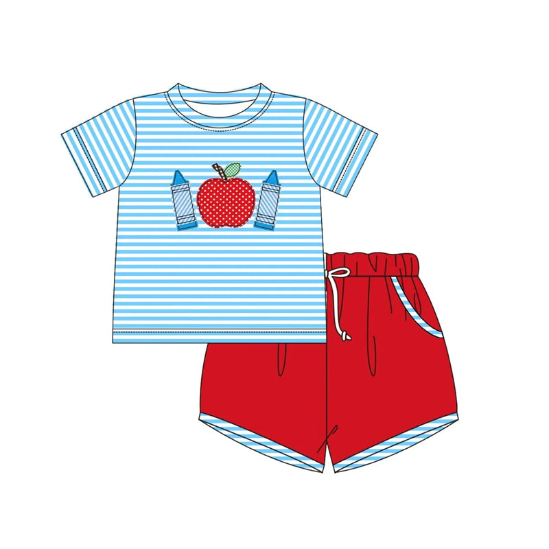 Boys Stripe Apple Crayon Top Shorts Set Back to School Clothing Comfortable Casual Outfit for Kids
