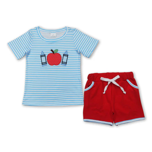 RTS Sibling Blue stripe baseball constructions top short boys outfits