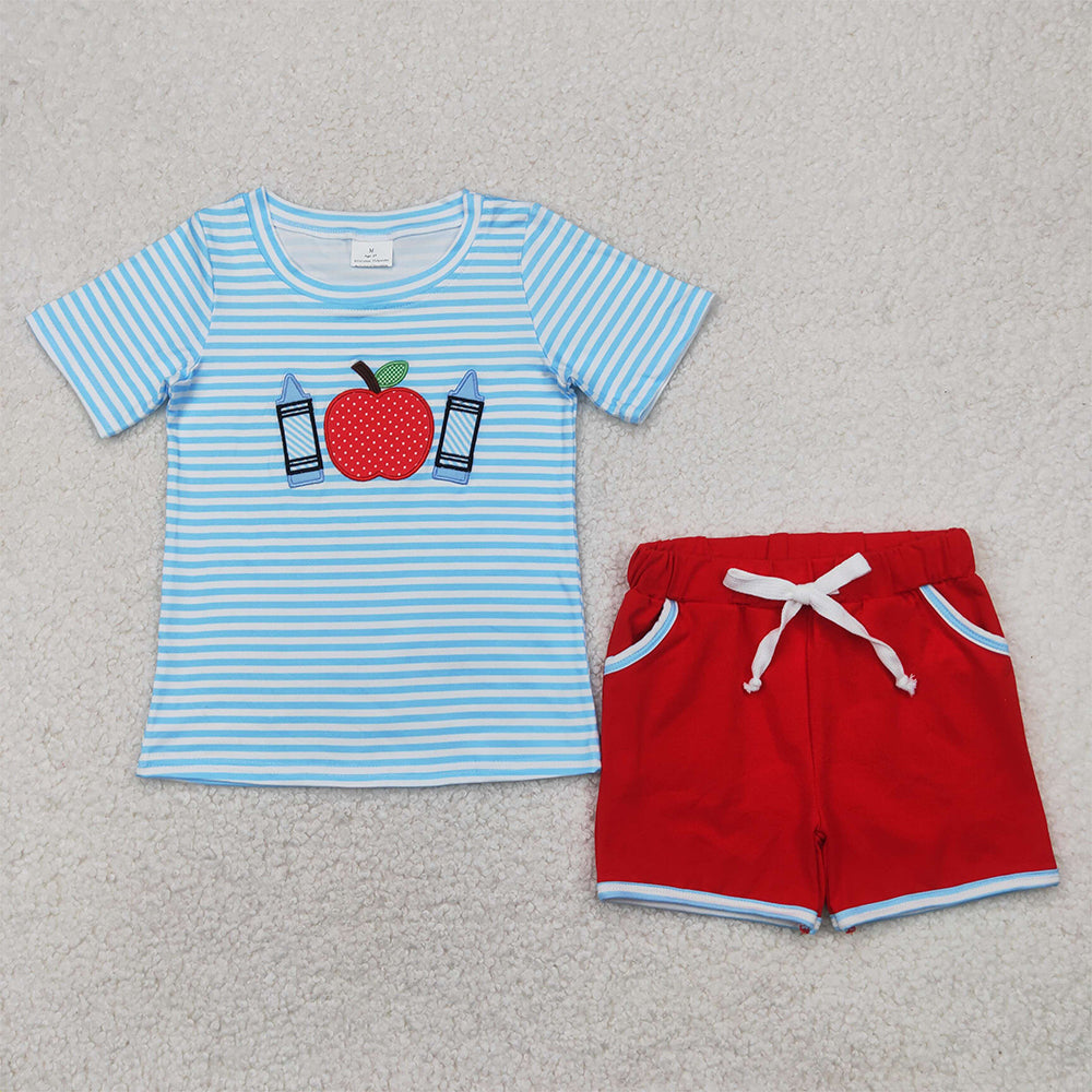 BSSO1328 RTS NO MOQ Baby Boys Summer Boys Outfits Stripe apple crayon top shorts boys back to school clothes