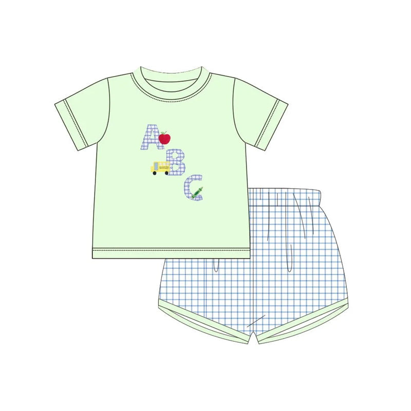 Kids ABC Apple Car Pattern Short Sleeve Top And Plaid Shorts Set - Casual Clothing Outfit for Children