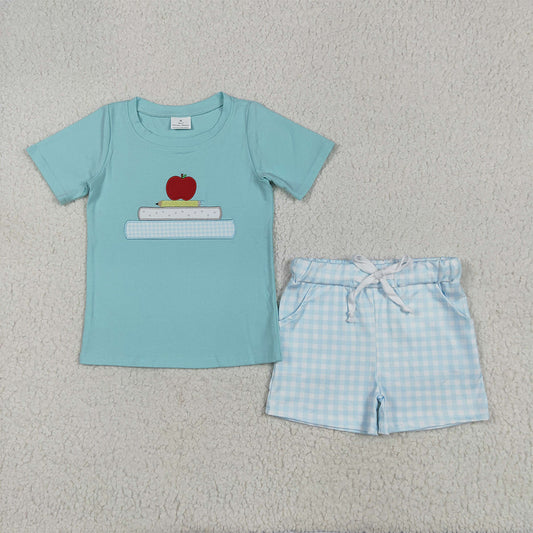 7.01 BSSO1329 RTS NO MOQ Baby Boys Summer Boys Outfits Baby Boys Embroidery Apple Pencil Top Pockets Shorts Back To School Clothes Sets