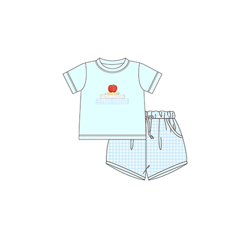 Kids Apple Pattern Short-Sleeved Top And Plaid Shorts Set Cute Back-To-School Outfit for Boys And Girls