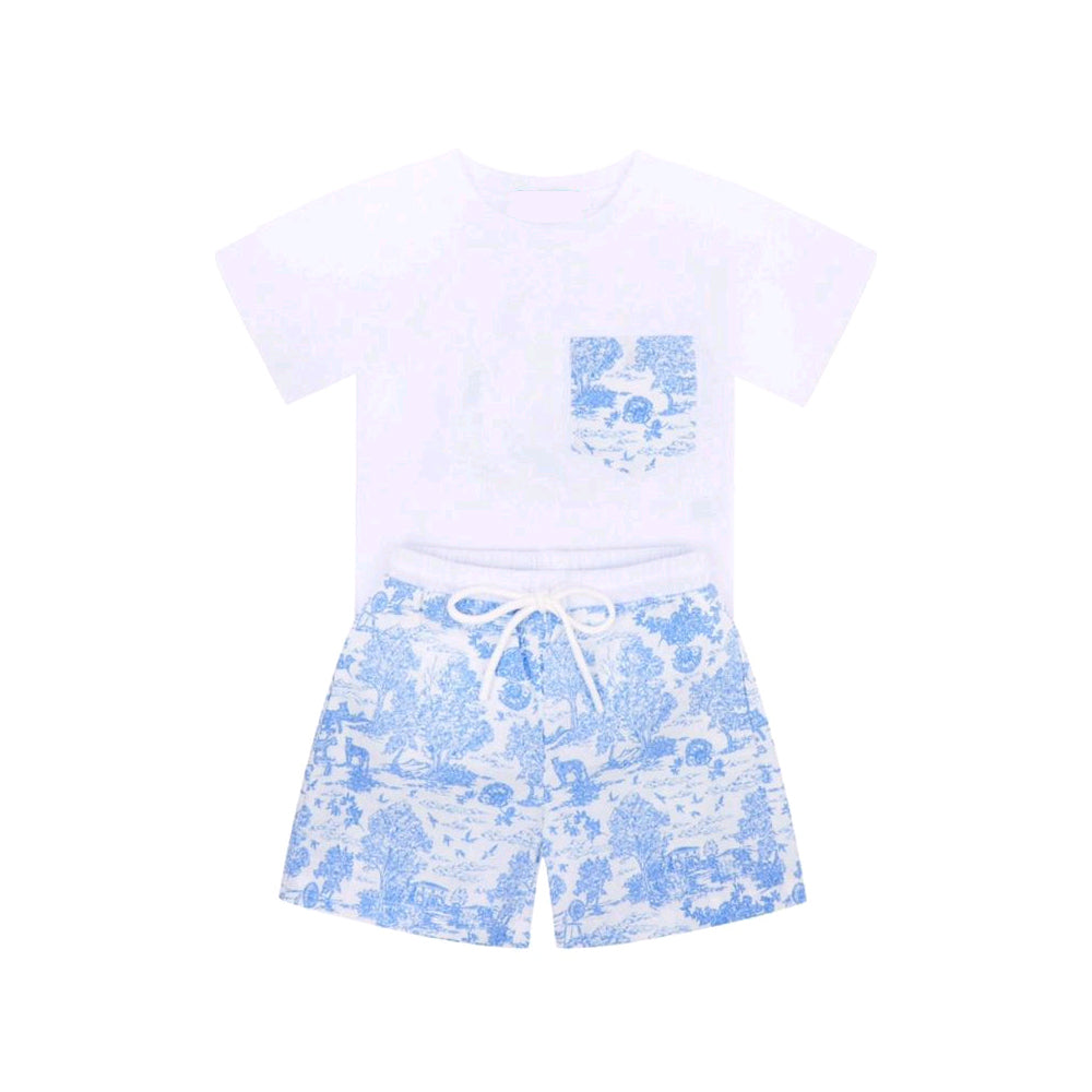 Light Blue Print Girls Jacket Skirt Set Short Sleeves Cute Children's Outfit Girls Clothing Combo