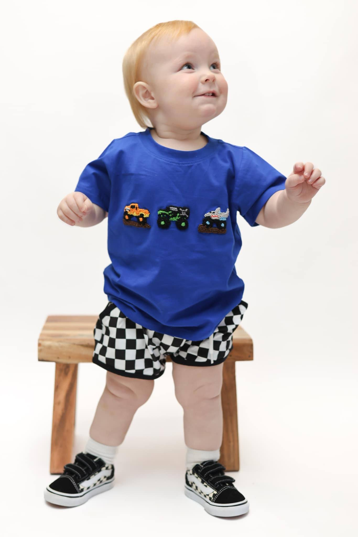 BSSO1335Baby Boys Blue Trucks Shirt Top Checkered Shorts Clothes Sets