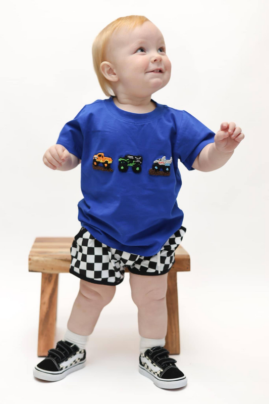 BSSO1335Baby Boys Blue Trucks Shirt Top Checkered Shorts Clothes Sets