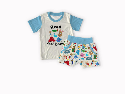 BSSO1338Kids Boys Short Sleeve T-Shirt Book Worm Dog Pig Print Reading Theme Clothing for Children