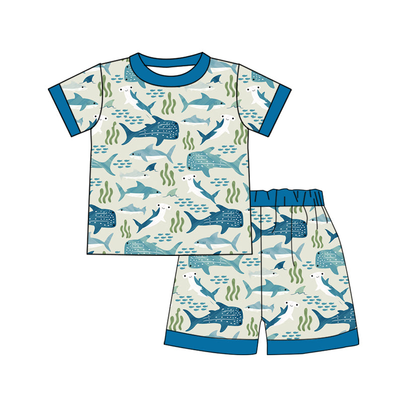 Blue Short Sleeve Fish Kids Boys Summer Pajamas Comfortable Breathable Sleepwear for Children