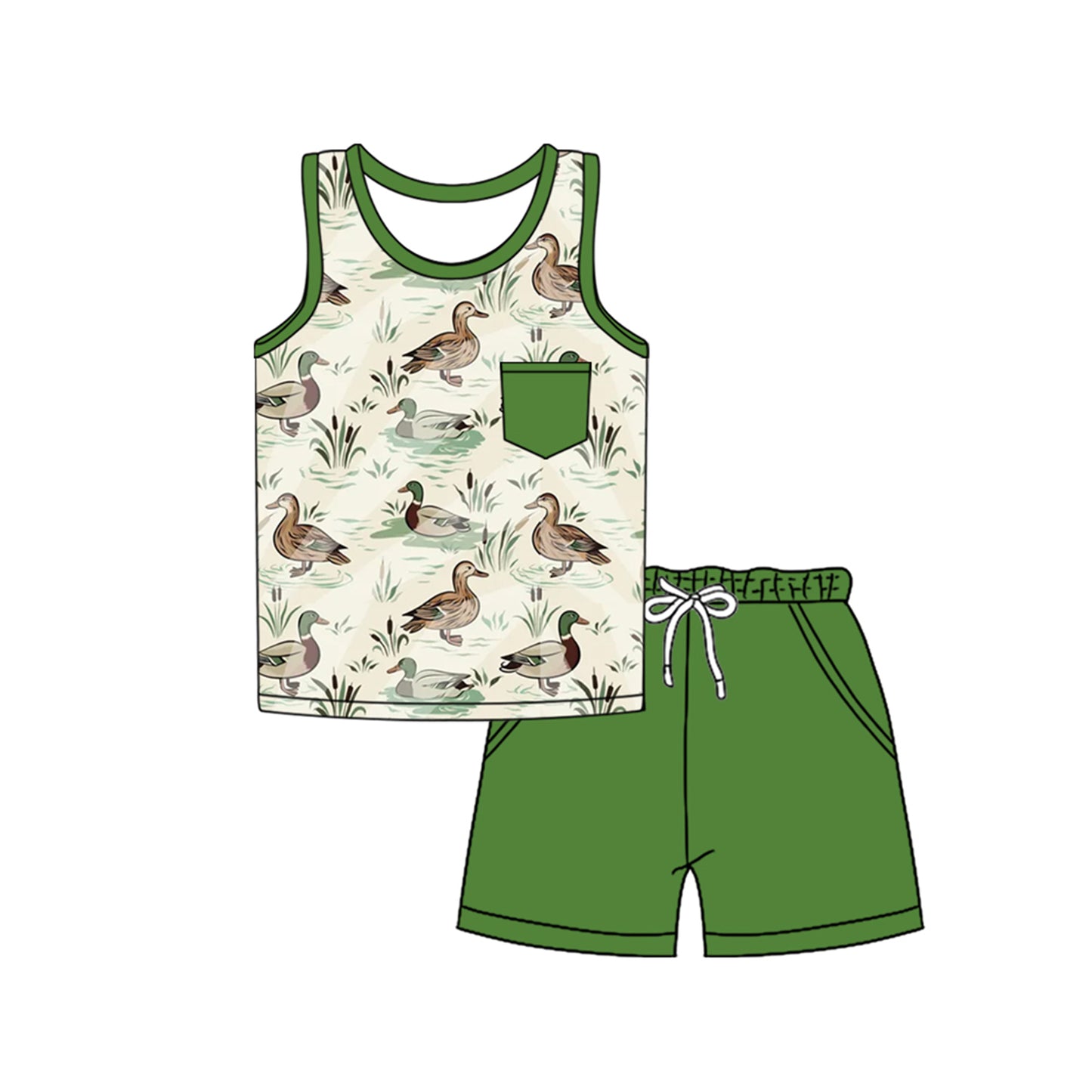 Girls Duck Halter Top Green Ruffle Shorts Outfit Set Cute Animal Print Halter Neck Short Sleeve Matching Clothing Set