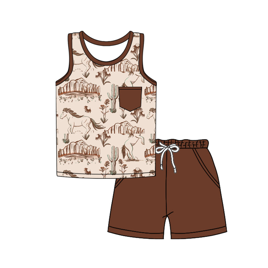 Western Boys Set Sleeveless Top with Horse Cactus Pocket Matching Shorts Casual Country Style Children's Outfit
