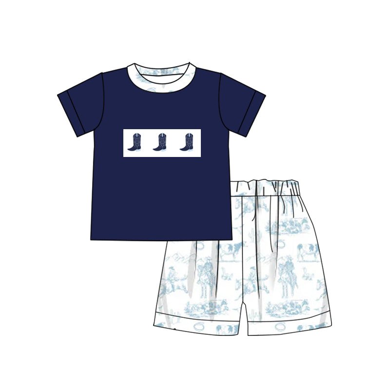 Western Boys Rodeo Short Sleeve Boot Top Set Casual Shorts Outfit for Kids