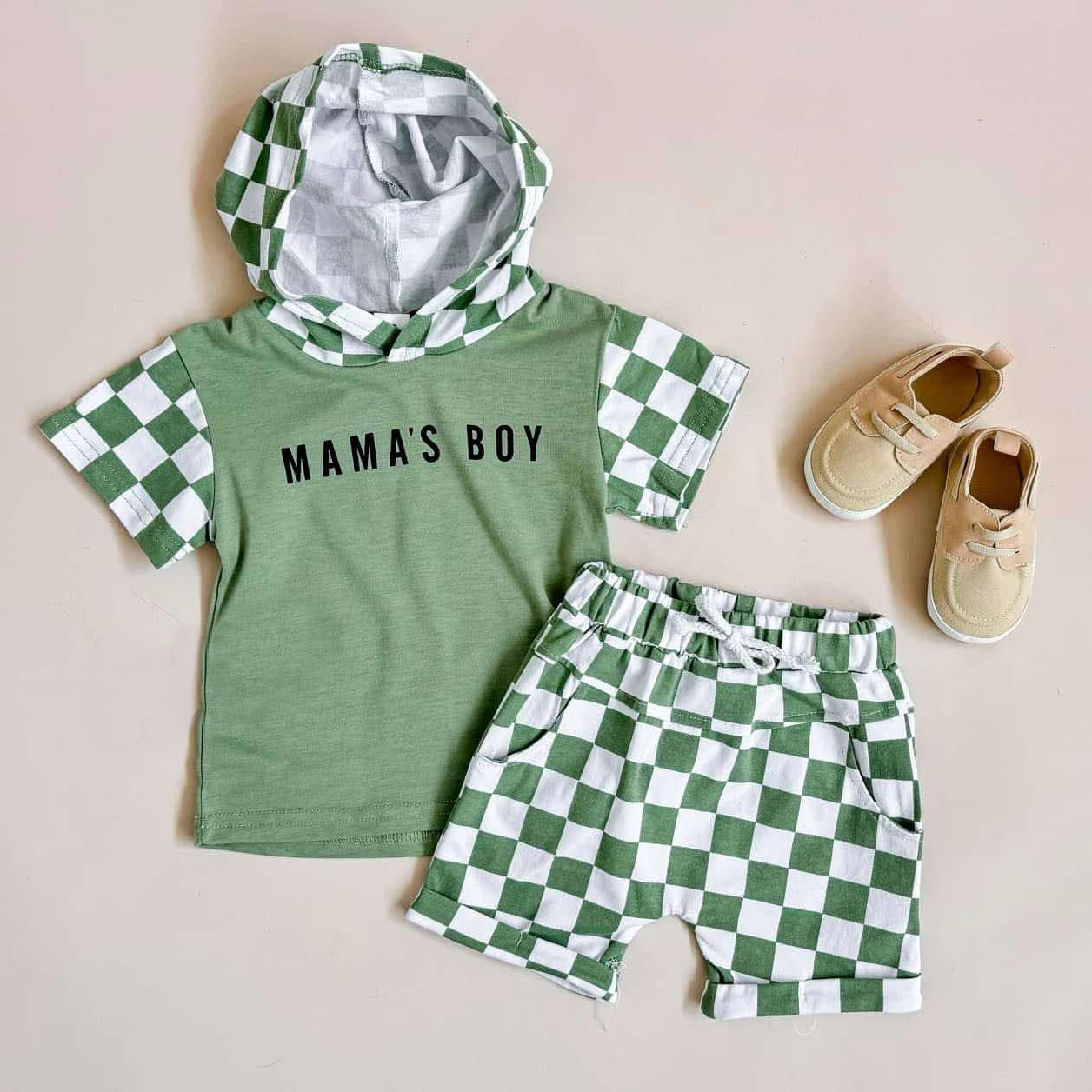 BSSO1343Green Plaid 'Mama's Boy' Hoodie Shorts - Boys Clothing Comfortable Casual Print Design Kids' Fashion Item