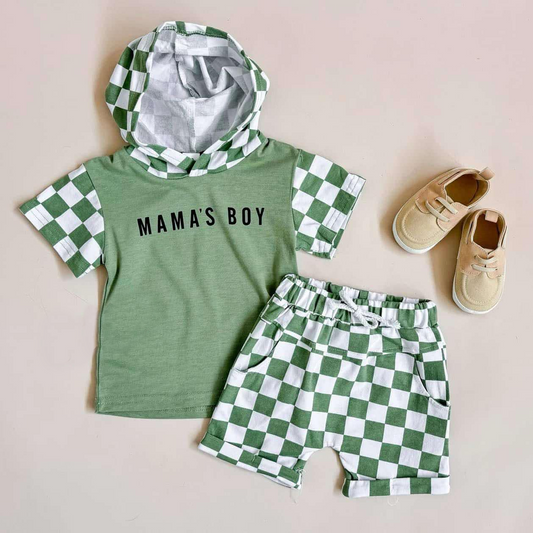 BSSO1343Green Plaid 'Mama's Boy' Hoodie Shorts - Boys Clothing Comfortable Casual Print Design Kids' Fashion Item