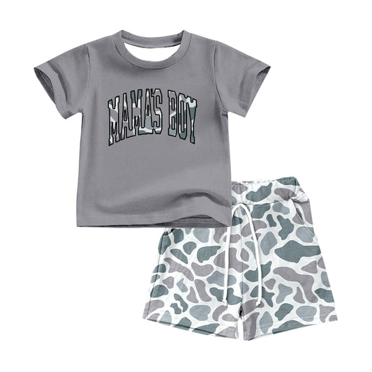 BSSO1347Children's Short Sleeve Mama's Boy Grey Camouflage Shorts Outfit Set Casual Kids' Clothing