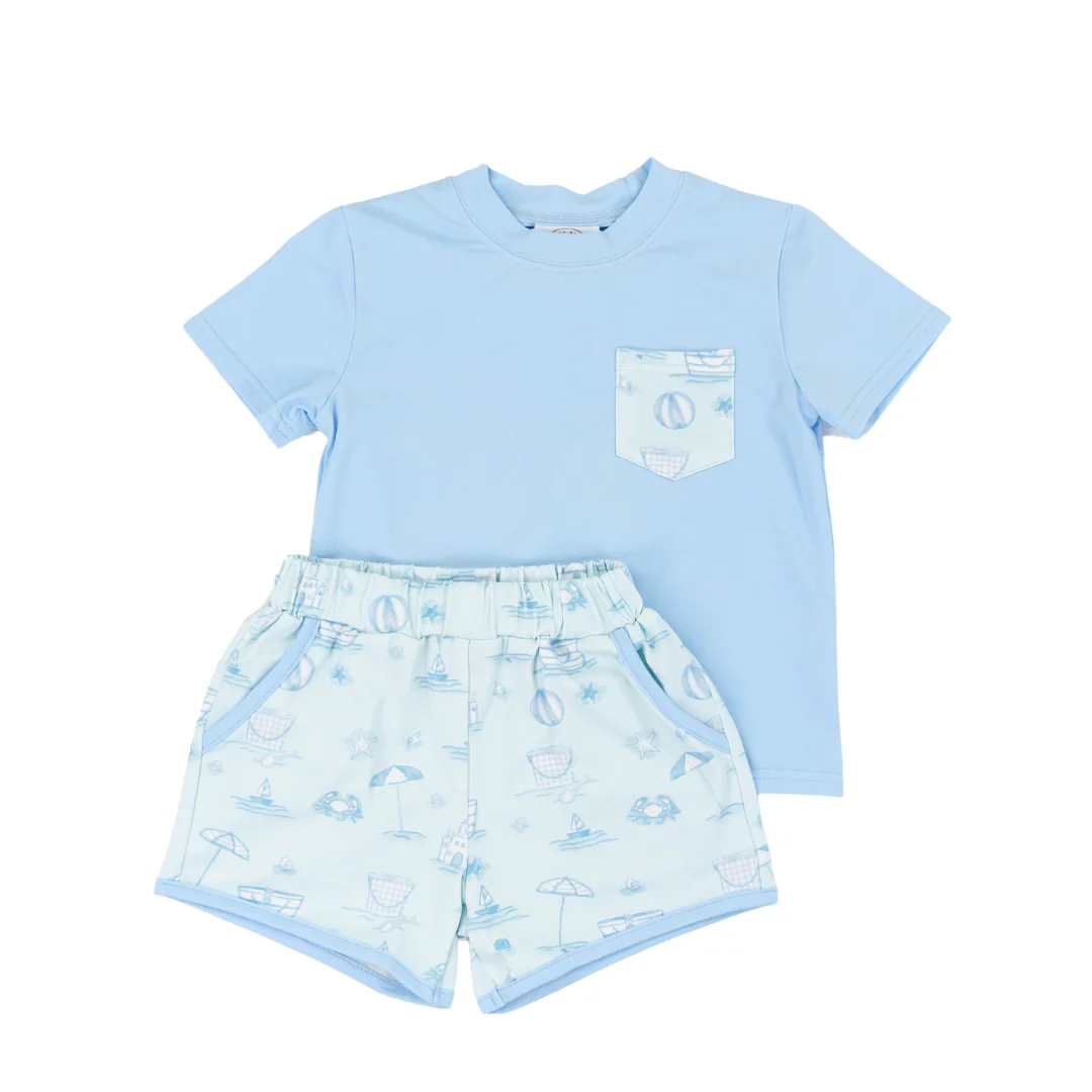 Light Blue Pocket Top Beach Ball Shorts Outfit for Boys Casual Kids Clothing Set