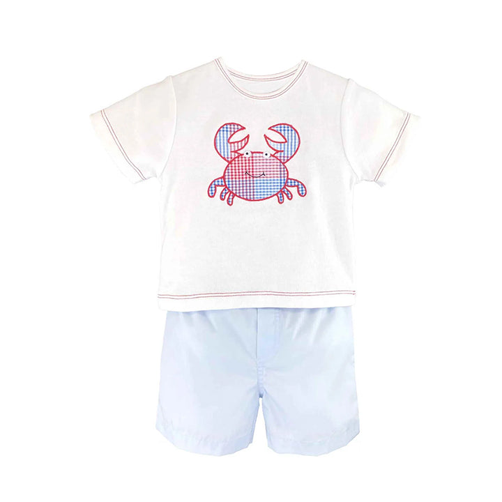 Boys Summer Outfits Short Sleeves White Crab Top Shorts Set Casual Breathable Clothing for Kids