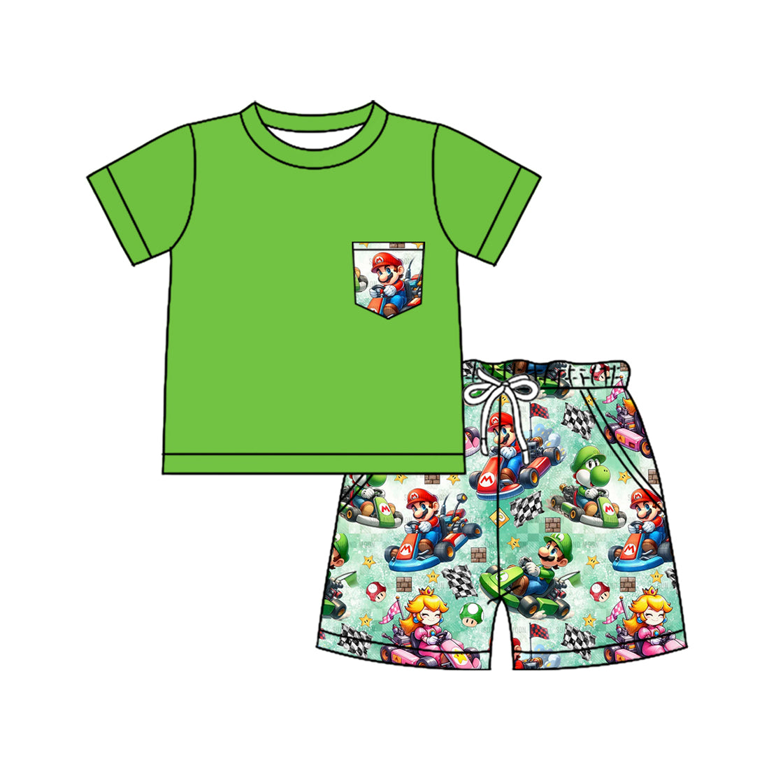 Boys Green Short Sleeve Pocket Top Game Shorts - Casual Comfortable Boys' Clothing Set