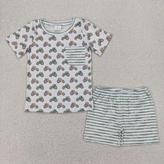 BSSO1354RTS NO MOQ Baby Boys Summer Boys Outfits Boys Tractor Pocket T-Shirt with Stripe Shorts Set Short Sleeve Comfortable Cotton Outfit for Kids