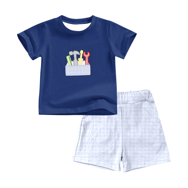 Boys Short Sleeve Navy Plaid Top with Tools Pattern Matching Plaid Shorts Outfit Set Casual Children's Clothing Set