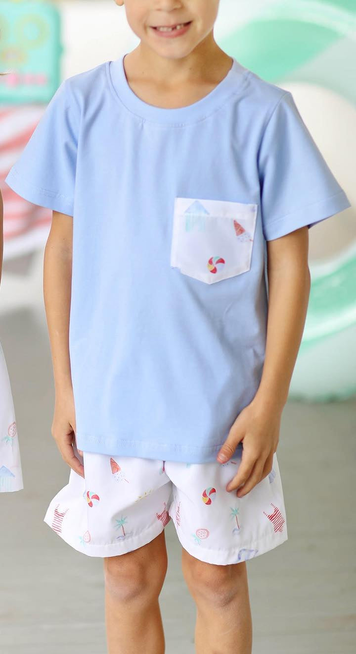 Boys Light Blue Pocket Top Beach Ball Shorts Summer Clothes Set Casual Breathable Kids Outfit for Beach And Playtime