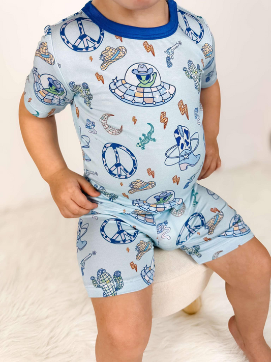BSSO1357Blue short sleeves boots hat western boys pajamas