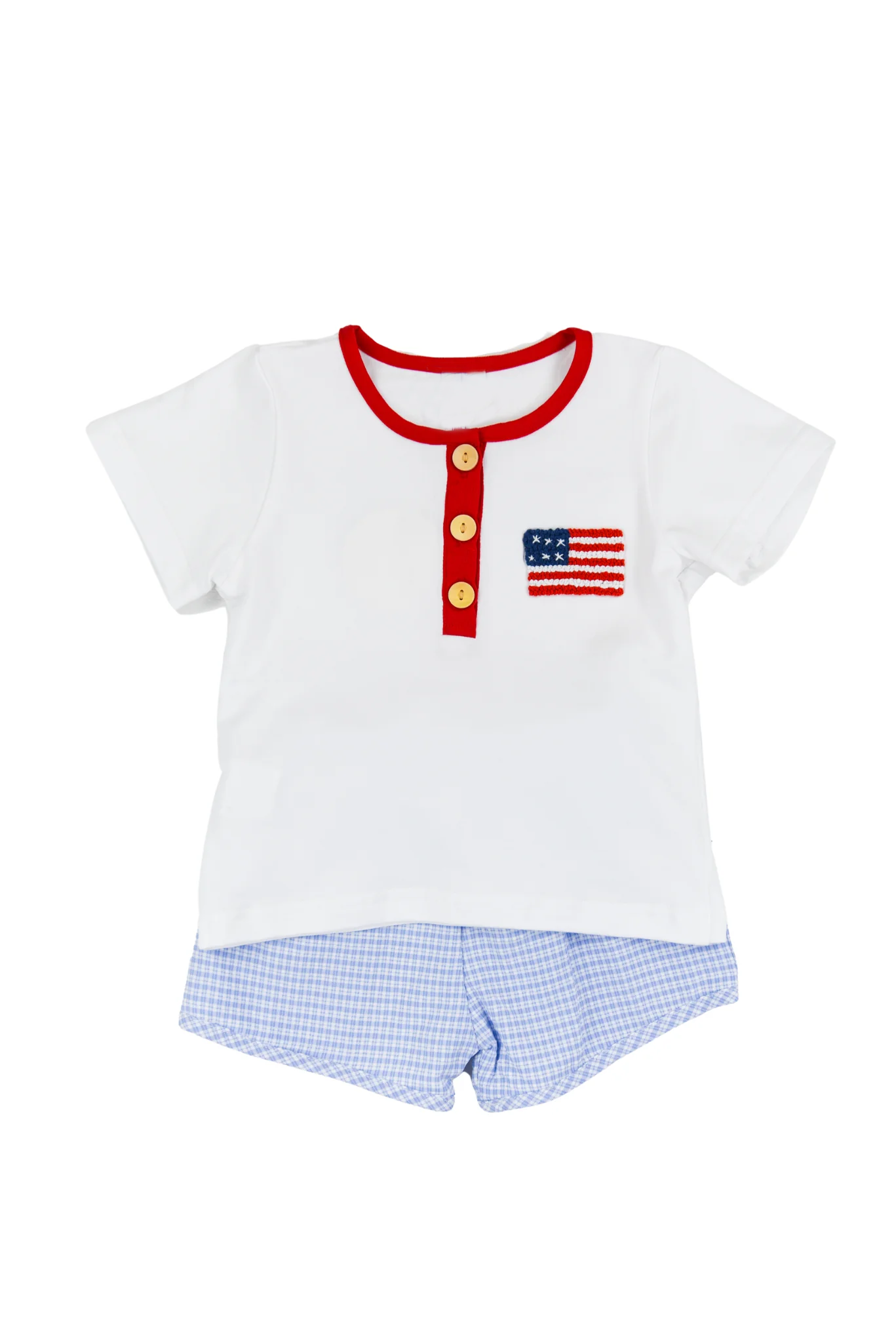 Boys Plaid Shorts And White Flag Top Outfit for 4th of July Red Blue Checkered Clothing Set