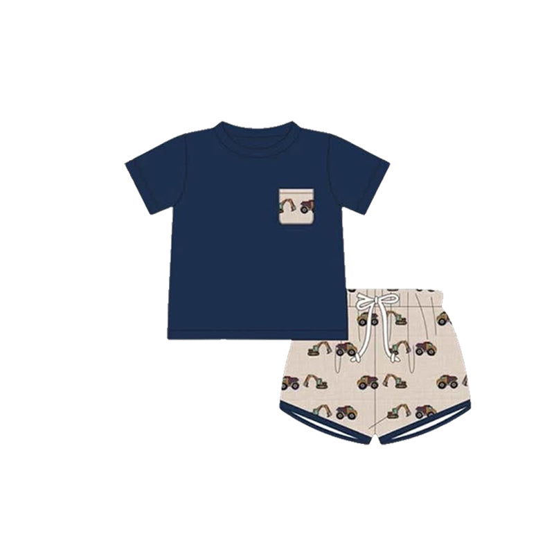 Stylish Boys' Short-Sleeved Navy Construction Top Paired with Shorts