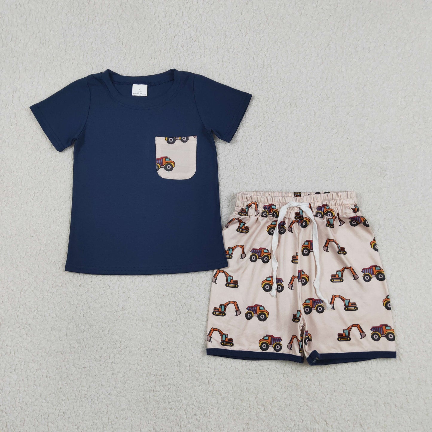 BSSO1364 RTS NO MOQ （In stock ）Baby Boys Navy Shirts Pocket Top Excavators Shorts Clothes