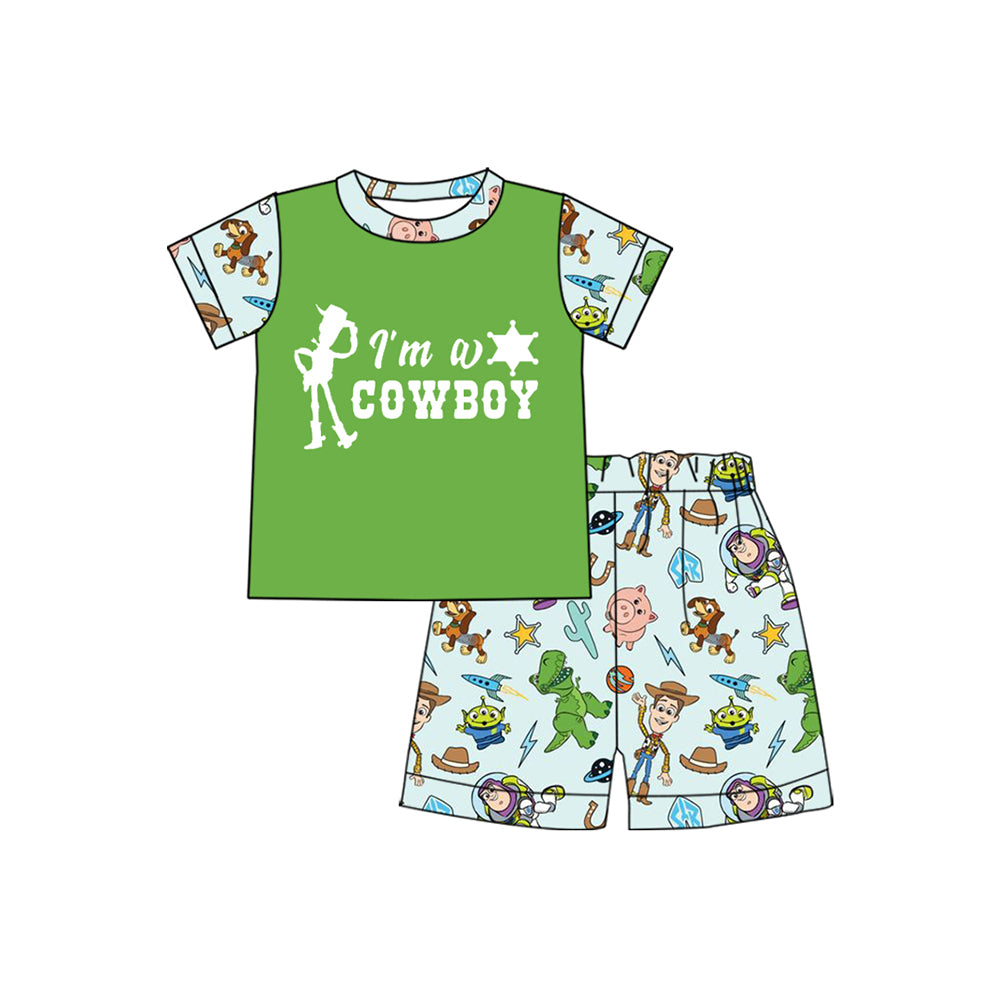 Cool Short-Sleeved "I'm a Cowboy" Top and Toy Shorts for Boys' Wear