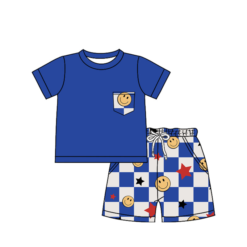 Boys' Blue Plaid Smiley Face Top and Shorts Summer Set