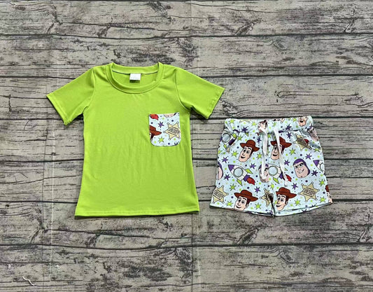 BSSO1370Kids Boys Green Short Sleeve Pocket Top Shorts Set Toy Incorporates Educational Play into Cute Fashion for Active Boys