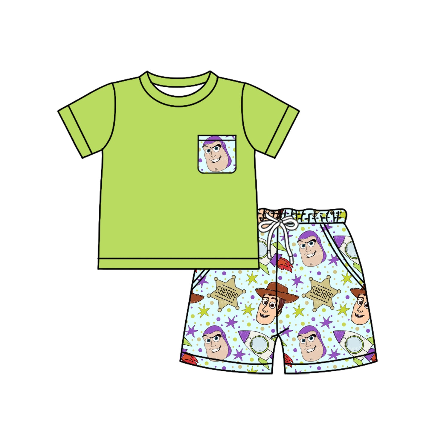 Cute Green Short-Sleeved Pocket Top and Shorts Combo for Kids Boys with Toy Surprises