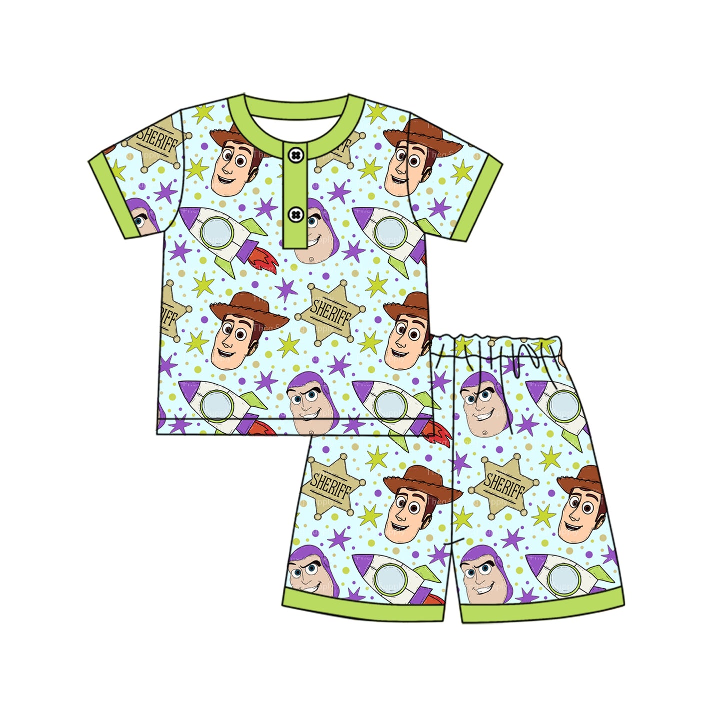 Cute Green Short-Sleeved Pocket Top and Shorts Combo for Kids Boys with Toy Surprises