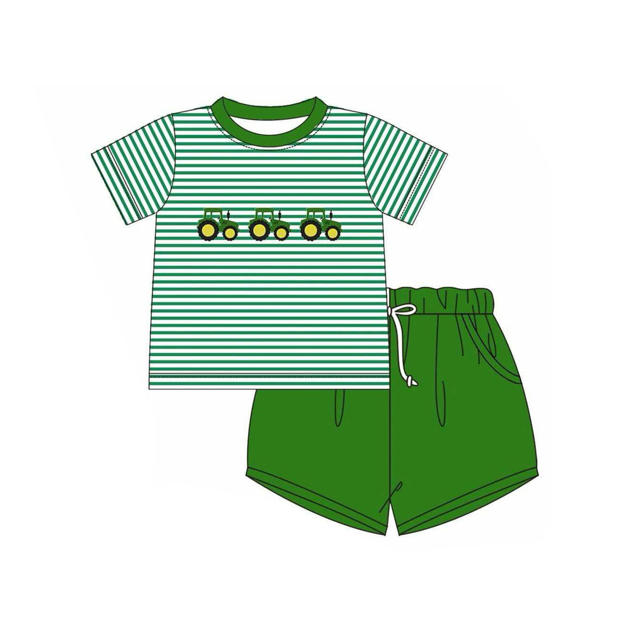 Green Polka Dots Tractor Top and Ruffle Shorts Ensemble for Farm Girls