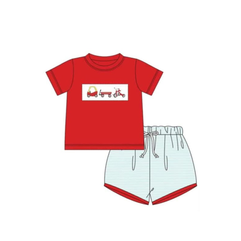 Little Girls’ Fashionable Red Stripe Car Tunic and Ruffle Shorts Set for Summer