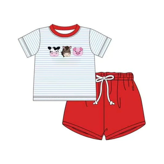 BSSO1377Cute Cow, Horse, Pig Stripe Top and Red Shorts for Farm Boys