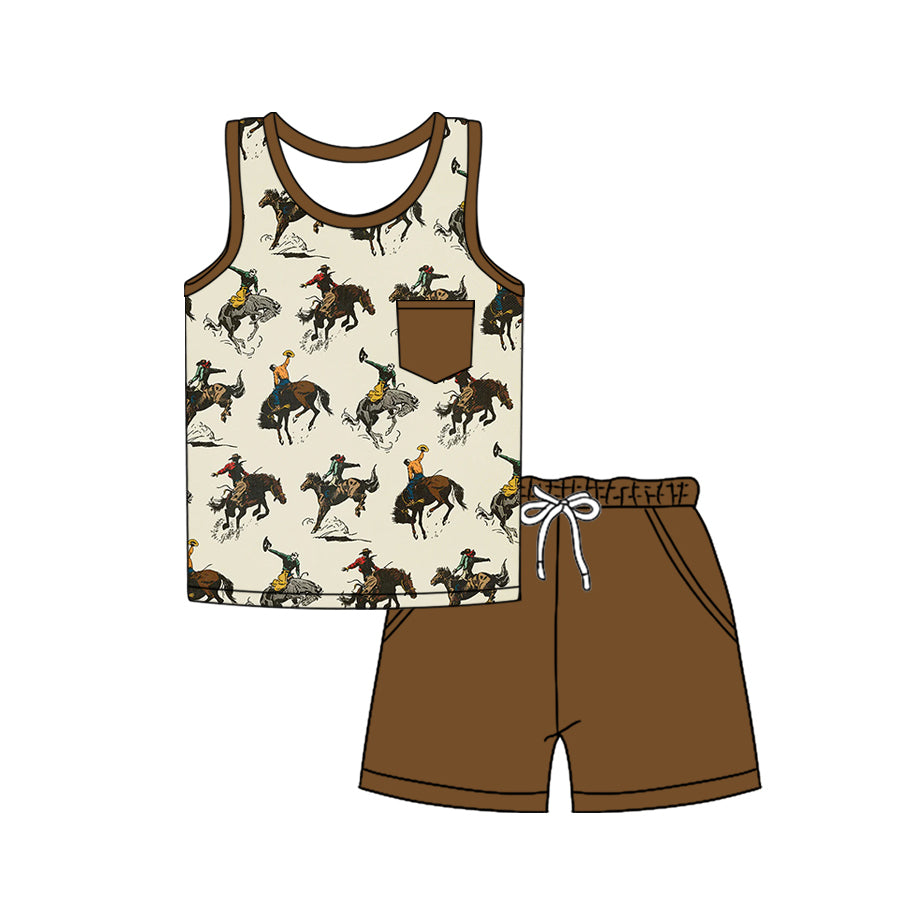 Adorable Sleeveless Horse Rodeo Pocket Top and Shorts Outfits for Toddler Boys
