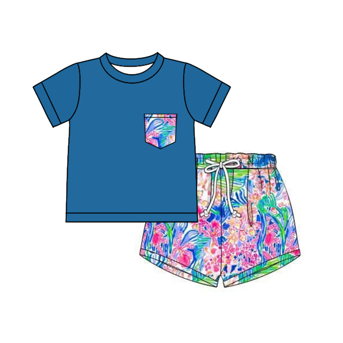 Blue Watercolor Short Sleeve Top And Shorts Set Kids Boys Clothing Casual Breathable Outfit