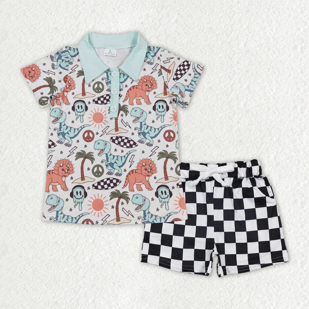 BSSO1383Boys Dinosaur Beach Polo Shirt Short Sleeves Outfit with Shorts - Fun Prehistoric Print for Youngsters