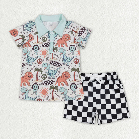 BSSO1383Boys Dinosaur Beach Polo Shirt Short Sleeves Outfit with Shorts - Fun Prehistoric Print for Youngsters