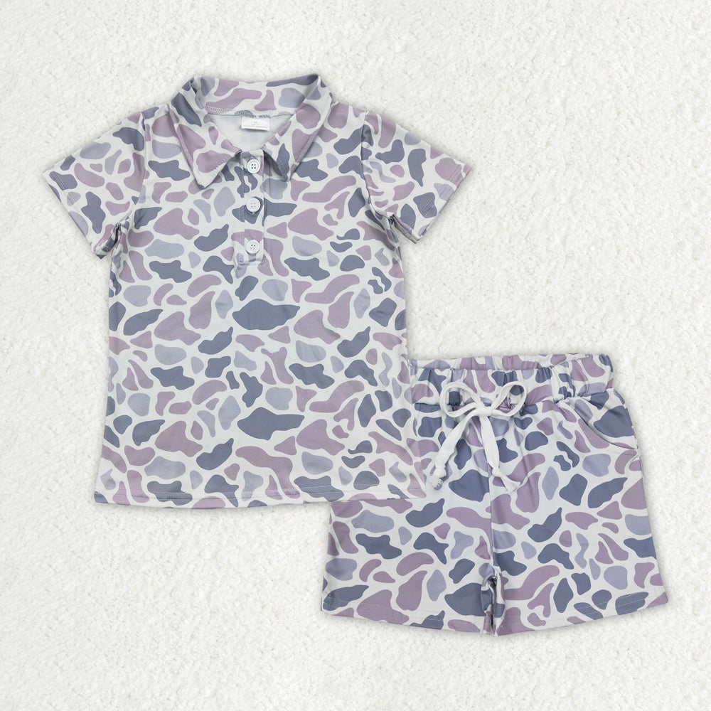 BSSO1384Boys Grey Camo Short Sleeve Polo Shirt Set with Shorts - Casual Spring/Summer Outfit for Kids
