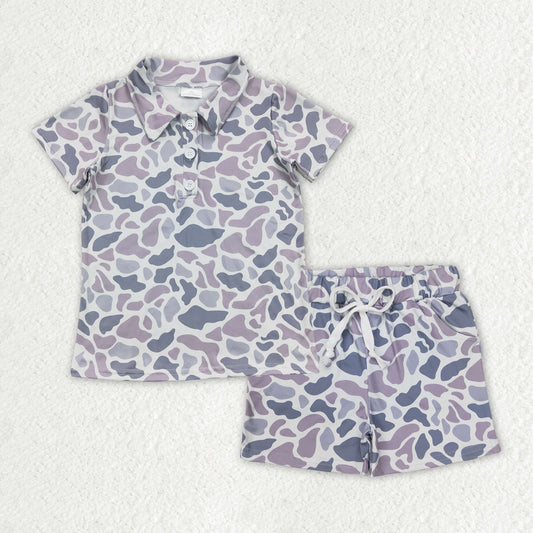 BSSO1384Boys Grey Camo Short Sleeve Polo Shirt Set with Shorts - Casual Spring/Summer Outfit for Kids